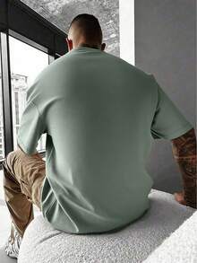Men's Round Neck Dropped Shoulder Casual Letter Print T-Shirt, Summer - Green - View 2