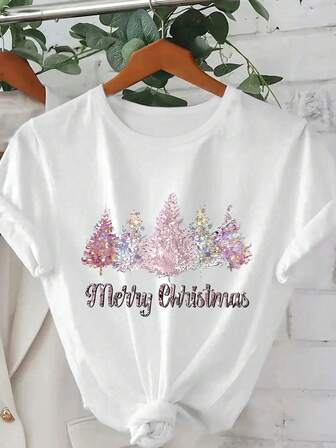 大码女装夏季“圣诞快乐”字样彩色艺术圣诞树图案T恤 | Sumwon 女装、女式冬装、圣诞套装、冬季、外套、女式套头衫、女式大衣、女式冬装、女式圣诞节套装、女式套装、外出服、夏季、女式圣诞套装、长袖上衣、Cosmina、Curve