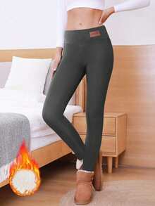 1 Piece Women's High-Waisted Fleece-Lined Leggings - Warm, Elastic, Slim-Fit Pants For Autumn And Winter, Women's Thickened Casual Sports Pants, Solid Color Non-See-Through Fabric, Shaping Legs, Thick And Warm, Suitable For Outdoor Activities, Running, Fitness, Yoga, Women's Fleece-Lined Leggings For Outer Wear, Winter Thickened Fleece Pants, Warm Loungewear Pants, Washable, Suitable For Cold Weather, Soft Lining, Elastic Fabric, Specifically For Fitness Enthusiasts-S02-3 - 灰色 - 查看 2
