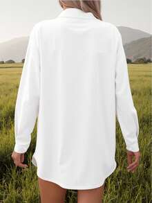 新款女士户外长袖衬衫，时尚简约户外衬衫外套，轻便纯色休闲长袖纽扣衬衫，适合女士休闲商务通勤户外穿着，四季皆宜的长袖上衣 - 白色 - 查看 7