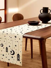 1件中东斋月星月灯笼印花亚麻桌旗，适用于节日、派对、生日、晚宴、厨房和餐厅装饰、鞋柜和储物罩，四季皆宜的家居和纺织品装饰 - 彩色 - 查看 3