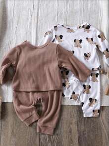 2 套男婴经典圆领罗纹纯色长袖上衣和松紧袖口裤子套装 + 大象印花圆领长袖上衣和松紧袖口裤子套装，秋冬