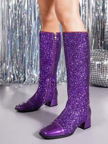 2026 Autumn/Winter Elegant Chunky Heel Tall Boots For Women, New Design, Warm, Side Zipper, Square Toe, High Heel Riding Boots - Purple - View 2