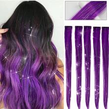 Hair Tinsel5pcs Colorful Mixed Glitter Clip-In Hair Extensions, Multi-Color Party Highlights Clip-In Synthetic Straight Hair Extensions, Suitable For Women And Girls - Purple - View 10