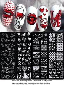 1片/4片装心形花朵美甲印花板，包含翅膀、心形嘴唇、情书图案，Y2K情人节设计，美甲印花模板，美甲配件，适合女性和女孩，美甲用品 - 銀色 - 查看 1