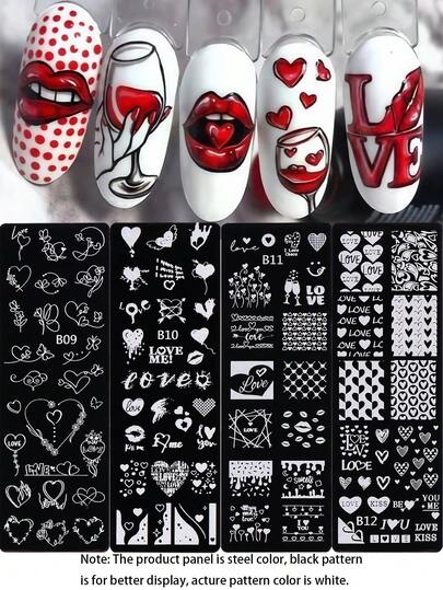 1pc/4pcs Heart Flower Nail Stamping Plates Wings Heart Lips Love Letter French Y2K Valentine's Day Image Design Nail Art Stamp Stencil Printing Template Manicure Accessories Tools For Women And Girls, Nail Supplies