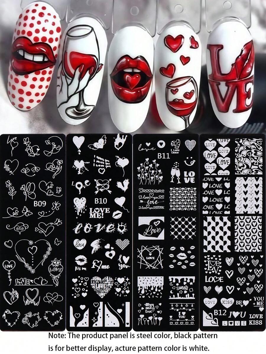 1片/4片装心形花朵美甲印花板，包含翅膀、心形嘴唇、情书图案，Y2K情人节设计，美甲印花模板，美甲配件，适合女性和女孩，美甲用品 - 銀色 - 查看 1