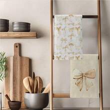 MEMNUN 2条卡其色水彩蝴蝶结图案厨房毛巾，尺寸为15.75*23.62英寸（40*60厘米），采用超柔软超细纤维制成，吸水性强，非常适合擦干餐具、茶杯，也可用于浴室和餐厅装饰、烹饪和烘焙。 - 彩色 - 查看 8