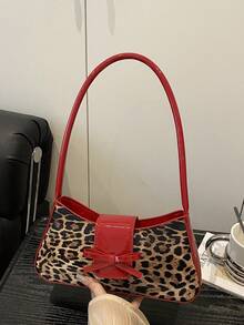 时尚蝴蝶结装饰豹纹腋下包，独特通勤手提包，多功能单肩包 - 紅色 - 查看 2