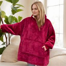 1pc Wearable Fleece Blanket With Sleeves, Hooded Sweatshirt Design, Giant Hoodie With Extra Large Pockets, Adult Size - 3 Entrance Pockets On Left, Right And Top - Burgundy - View 7