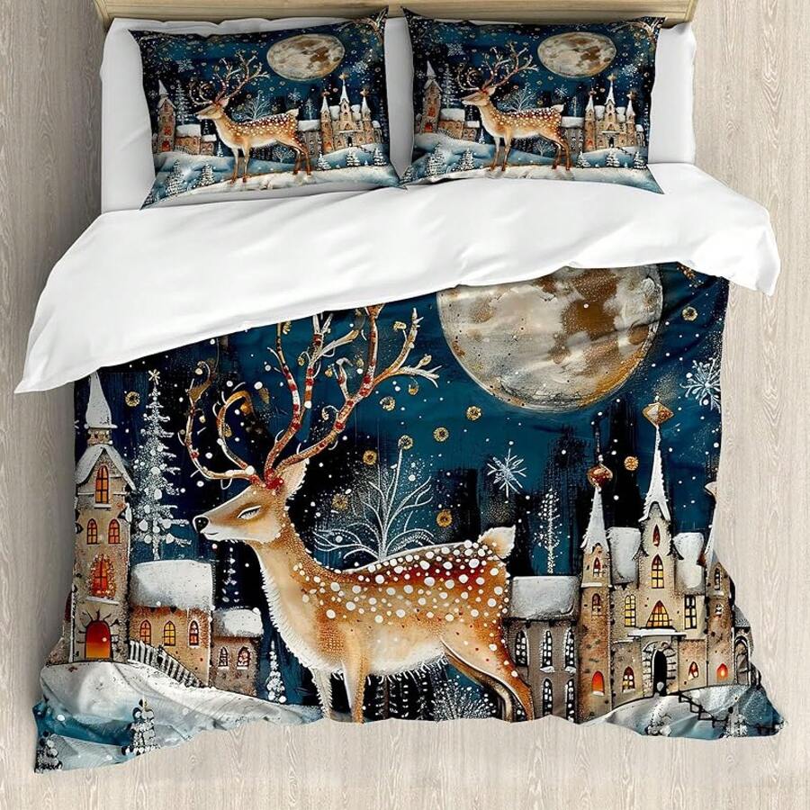 Winter Duvet Cover Set, Merry Theme Delicate Snowflakes, Vintage Holiday Pattern, 3 Piece Bedding Set With 2 Pillow Shams, Size, Teal White - Cocoa Dark Slate Blue - View 1
