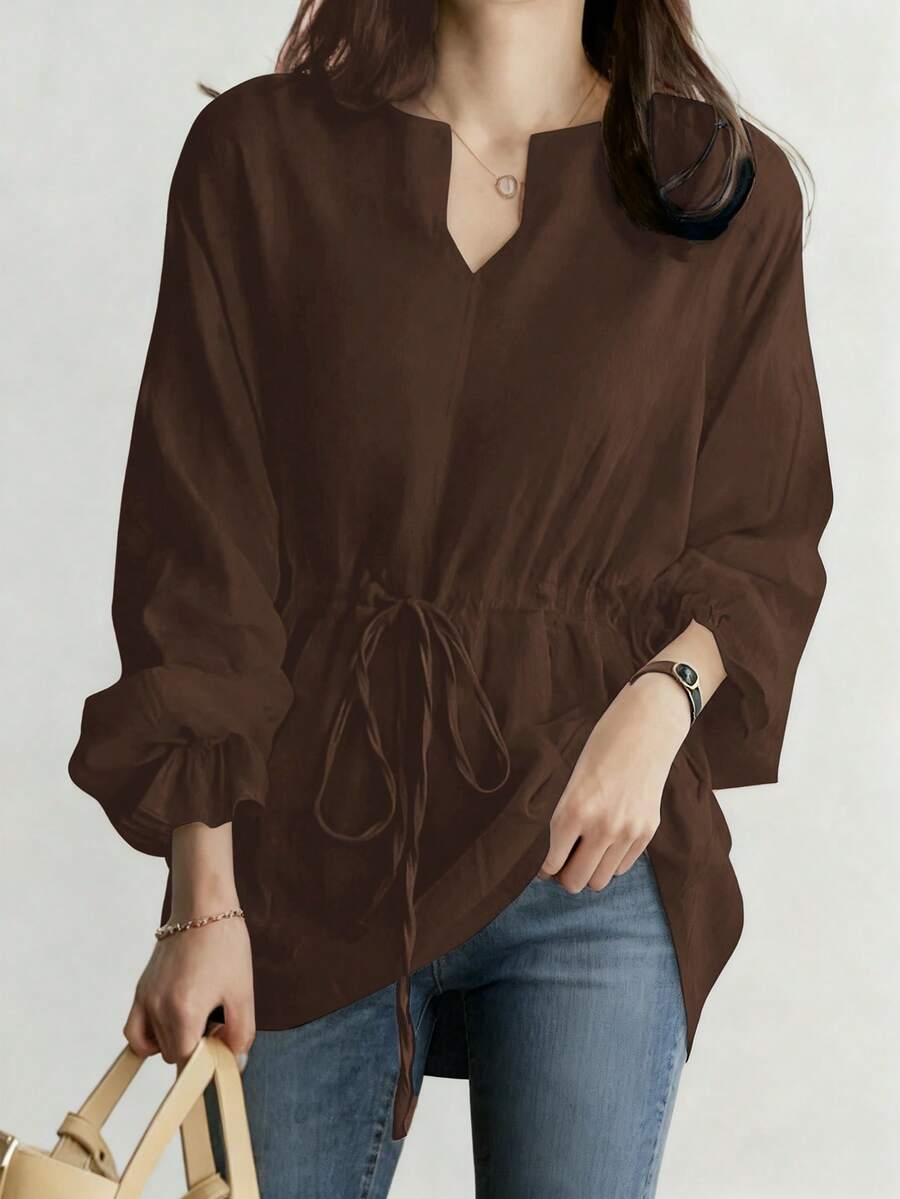 女士V领小丑腰带衬衫，女士新款复古休闲宽松长袖系带衬衫