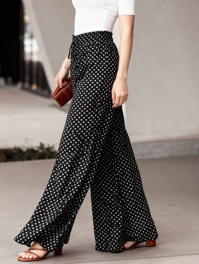 Women's Polka Dot Print Pocket Wide Leg Pants
