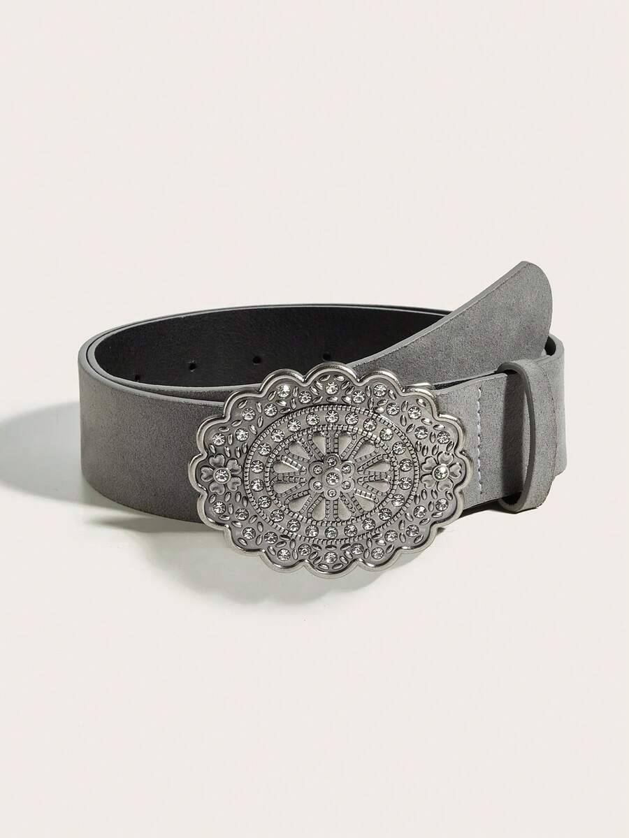 1 pieza Cinturón de mujer de cuero de PU con hebilla de aleación retro y estampado, adecuado para el estilo vaquero occidental - Gris - Ver 1