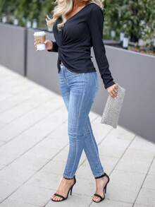 ARWY Women's Fashion Versatile Washed Slant Pocket Skinny Jeans, Elegant Light Wash Slim Fit Denim Pants, Women's Long Casual Style With Button Pockets And Zipper - Light Blue - View 5