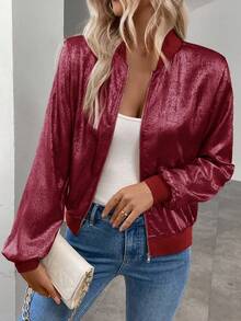Keke Bloomly Damska lekka, zapinana na zamek, luźna kurtka typu bomber z długim rękawem, lśniący metaliczny kolor bordowy, modna, uniwersalna kurtka dojazdowa i wakacyjna - Burgund - Zobacz 6