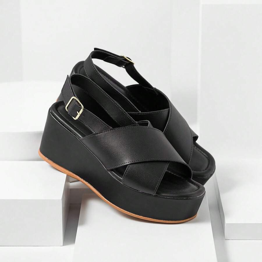 Women's Sandals With Medium Heel, Platform, Flatform, Crossed Straps, Slingback, And Comfort - 黑色 - 查看 1