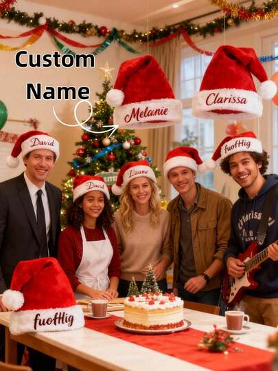 1 pieza Gorro de Navidad bordado personalizado - Gorro de Navidad de peluche con bordado personalizado de su logotipo, una opción ideal para regalos corporativos y promoción de marca navideña, adecuado para familia y amigos, reuniones grupales y reuniones familiares.