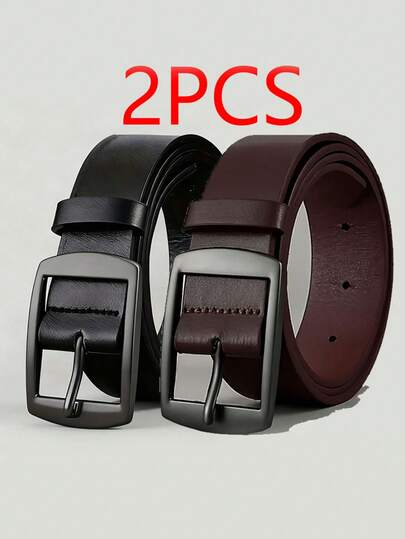 Set de 2 cinturones rectangulares de doble cara en negro/marrón con hebilla ancha para hombres, accesorios de otoño-invierno, adecuado para adolescentes, jóvenes, hombres, uso casual, al aire libre, deportivo, vacaciones, regalos de graduación, cumpleaños, uso diario