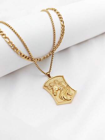 2pcs Stainless Steel Vintage Chic Luxury 3D Embossed Unicorn Pendant Titanium Steel 18K Gold Plated Necklace, High-End Men Jewelry, Suitable As Gift For Friends