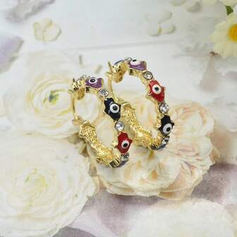 1pc Elegant Evil Eye Earrings, Rhinestone Copper Colorful Evil Eye Earrings, Suitable For Daily/Party/Gathering/Holiday Wear, Bohemian/Vintage Style, Unique Elegant Women's Accessory, Women's Fashion Earrings, Elegant Minimalist Women's Earrings, Ideal Gift For Women, Best Choice For Girlfriend/Mother Gift