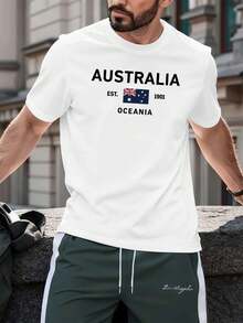 T-shirt graphique drapeau australien, style streetwear hip-hop, respirant, imprimé artistique - Blanc - Voir 1