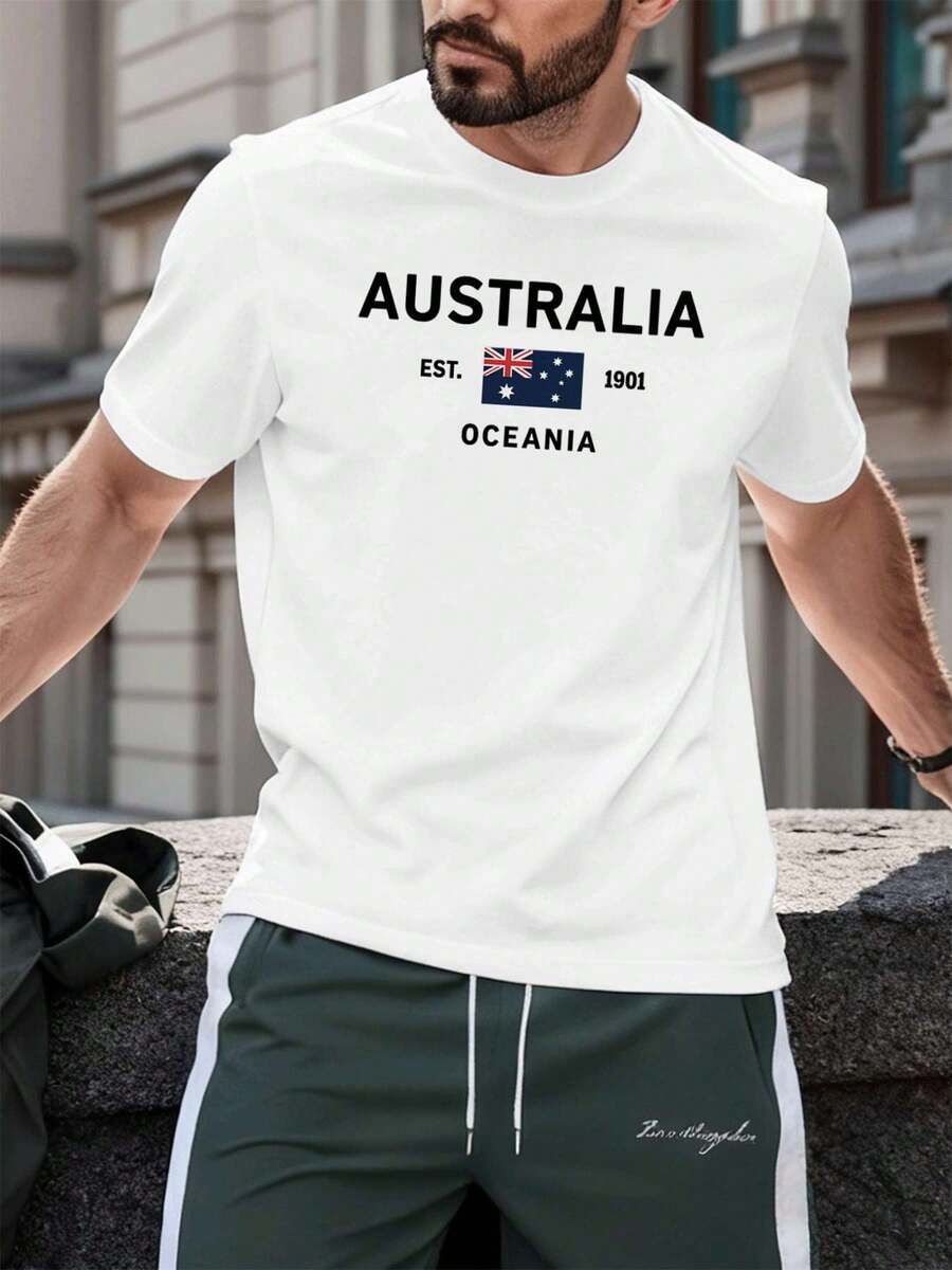 T-shirt graphique drapeau australien, style streetwear hip-hop, respirant, imprimé artistique - Blanc - Voir 1