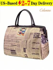 Ladies' Vintage Newspaper Print Canvas Handbag - High-Quality Check Pattern, Fixed Shoulder Strap, Zipper Closure And Polyester Lining, Large-Capacity Coffee Brown Travel Shopping Daily Fashion Accessory This  Is Suitable For Young Girls For Their Birthday, Prom And Graduation And Also A Lovely Gift For Friends, Mother, Lover On Special Days Such As Valentine's Day, Christmas, Anniversaries.Can Be Used As Thanksgiving, Halloween,Christmas Gift.Family Gathering Tote - 彩色 - 查看 14