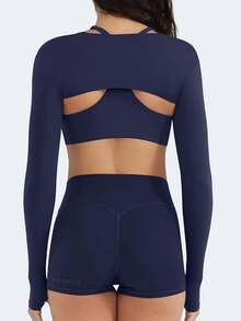 Women Crop Top Long Sleeve Bolero Open Front Workout Cropped Shirts Sports Shrug - Navy - View 5
