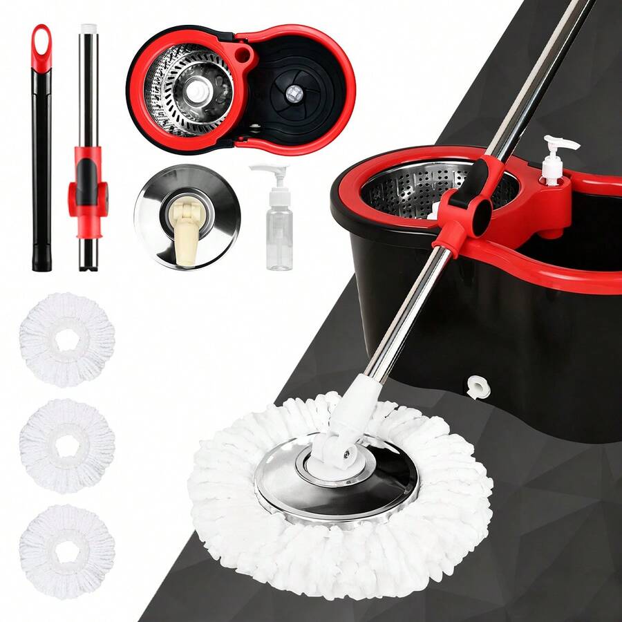 Microfiber Spin Mop And Bucket With Wringer Set Bathroom Mop Bucket 360° Spinning Mop Bucket System With 3 Microfiber Mop Replacement Heads And 61" Stainless Steel Adjustable Handle For Floor Cleaning Bucket Floor Cleaning - A - 查看 1