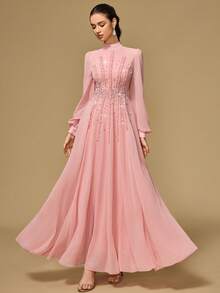 Women's Elegant Long Sleeve Dress With Stand Collar, Front Beaded Ruched Design, Dyed Button Closure - Pink - View 6