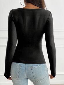NOIRLYN Women's Y2K Autumn Casual Sexy Solid Color Lace Contrast Fitted Long Sleeve V-Neck Top, Suitable For Daily Commute Wear - Dark Grey - View 2