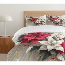 Winter Duvet Cover Set, Merry Theme Delicate Snowflakes, Vintage Holiday Pattern, 3 Piece Bedding Set With 2 Pillow Shams, Size, Teal White - 淡朱紅色和灰藍綠色 - 查看 5