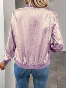 Keke Bloomly Women's New Lightweight Long Sleeve Zip-Up Casual Jacket, Shiny Metallic Purple, Fashion Commute & Vacation Versatile Bomber Jacket - Purple - View 3