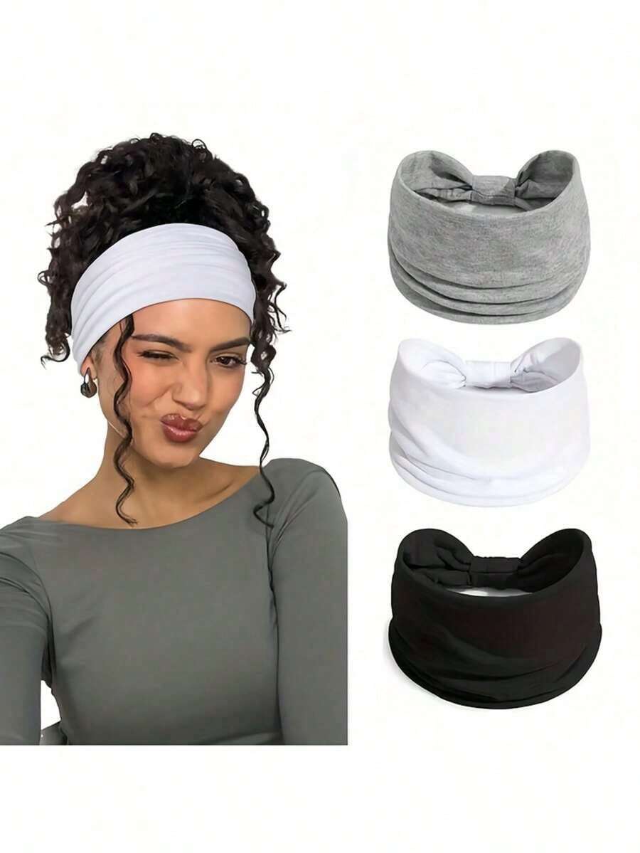 3pcs/Set Women's Boho Headband Set - Thick Elastic Non-Slip Headbands With Bow & Ring Design, White/Grey/Black, Soft Stretchy Hair Accessories Suitable For Fitness, Running, Yoga, Gym - Multi-Color Options, Long Hair Friendly (White, Grey, Black) - Ideal Choice For Women's Fitness & Casual Outfits - Secure Fit, Multipurpose Headbands For Sports & Daily Use - Suitable For Fitness & Running Headbands, Women Headbands Winter Scarf Warm Hair Bands Women Bandanas - 彩色 - 查看 1