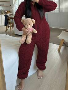 1pc Women's Hooded Jumpsuit With Ears, Heart Pattern, Cozy & Comfortable, Warm For Autumn/Winter - Redwood - View 3