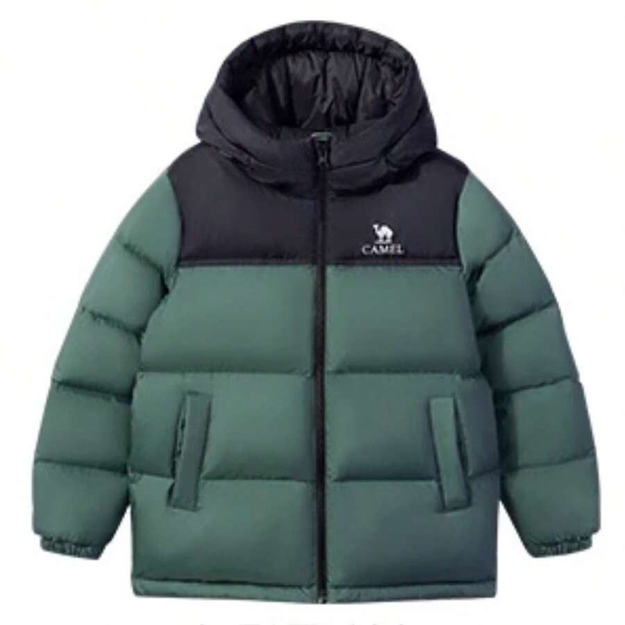 CAMEL CROWN Children's Down Jacket, Thickened With Down, Warm, Windproof, Anti-Static, Hooded, Zip-Up, Suitable For Winter. - Phantom Black/City Green - View 1