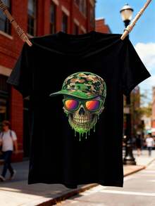 Maglietta da uomo con stampa mimetica e teschio, 100% cotone, vestibilità ampia, vestibilità comoda, casual, stampa artistica