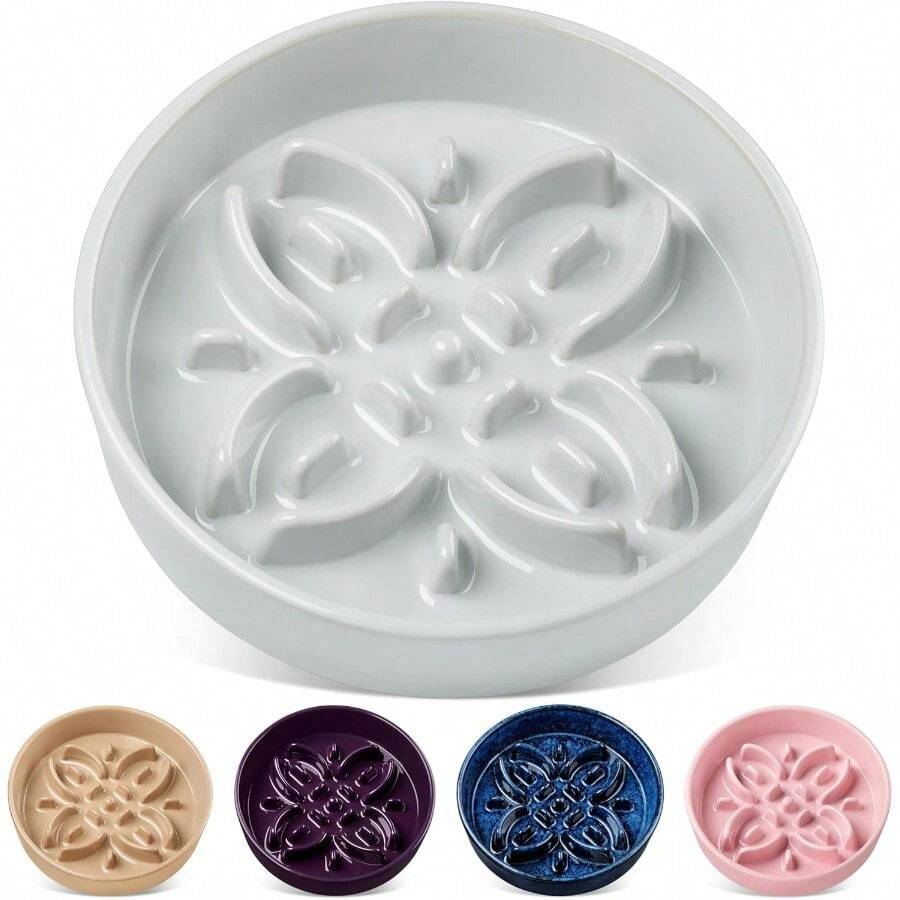 Ceramic Slow Feeder Dog Bowls Puzzle Dog Food Bowls With Floral Maze Design For Large Breed Dogs Anti-Slip Pet Food Dish With 3-Cup Capacity Grayish Cyan Finish For Controlled Eating And Enhanced Mental Stimulation During Mealtime - Xám nhạt - Xem 1
