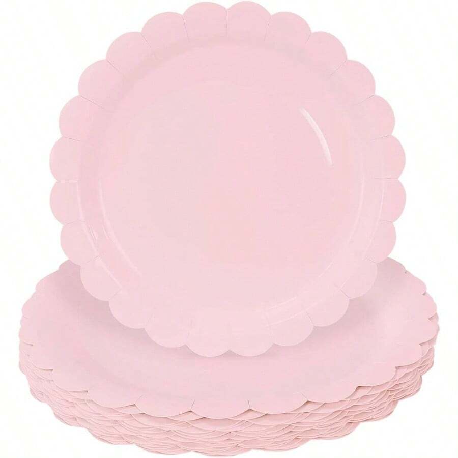 25 Pieces Pink Paper Plates Inch Pink Scalloped Plates Disposable Dinner Plate Wedding Shower Birthday Party Dessert Plate - 淺粉紅色扇貝形紙盤 + 25 個 7 英寸 - 查看 1