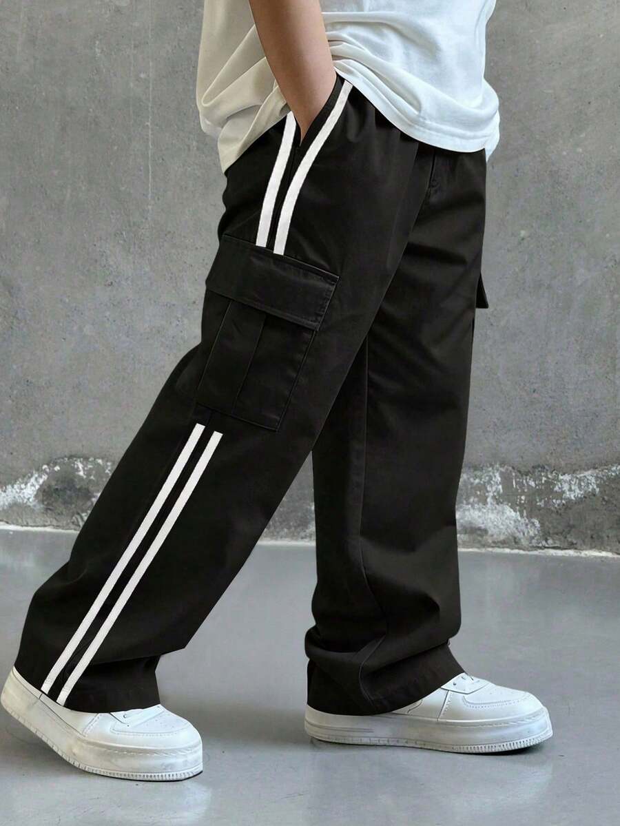 1件装 男童/青少年 舒适百搭 休闲户外 宽松 个性化侧袋 撞色直筒多口袋工装裤，春/夏/秋/冬 - 黑色 - 查看 1