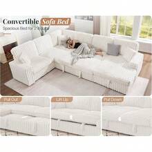 130'' Sofa Bed, Convertible Pull Out Sleeper Couch With Storage, Modern 6-Seater Sleeper Sofa For Living Space, Stylish Living Room Furniture, Faux Fur White Sofa - 白色 - 查看 5