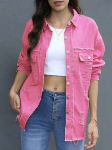 Chaqueta vaquera rosa claro rasgada para mujer, chaqueta vaquera boyfriend informal de manga larga, chaqueta básica de camionero - Rosa - Ver 5
