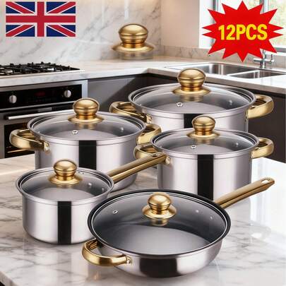 12pcs Premium Stainless Steel Cookware: Saucepan, Casserole & Fry Pan -Included Glass Lids - Suitable For Any Home Kitchen, Garden Picnic, Or Outdoor Camping Adventure