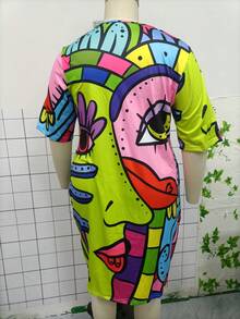 Women's Plus Size Casual V-Neck Dress - Elegant Abstract Face Print, Loose Short Sleeve Fit Autumn Dress For Spring And Autumn, Machine Washable