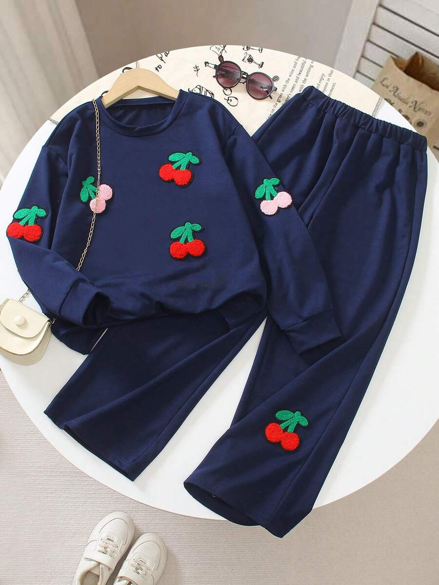 Girls' Cherry Graphic Crew Neck Long Sleeve Sweatshirt And Loose Straight Leg Sweatpants Set, Fashion New Style, Spring/Autumn - Royal Blue - View 1