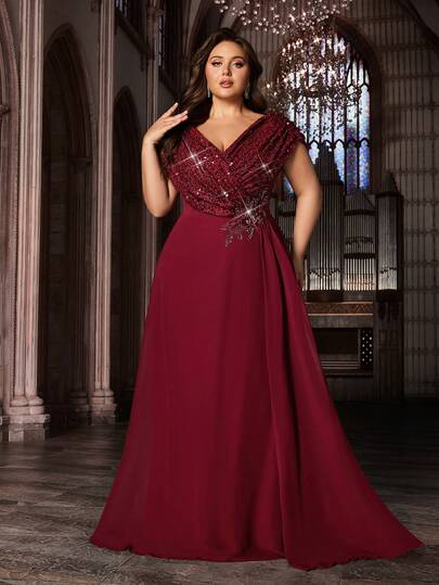 Sparkling Sequin Detailing Formal Dress Chiffon Evening Gown Solid Color Plus Size Deep V Neck Maxi Dresses