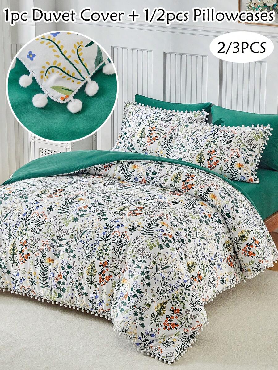 2/3件套绿色植物叶子图案印花涤纶被套组，带绒球流苏，现代田园风四季皆宜床上用品套装，柔软透气，可机洗（1个被套+1/2个枕套，不含填充物） - 綠色 - 查看 1