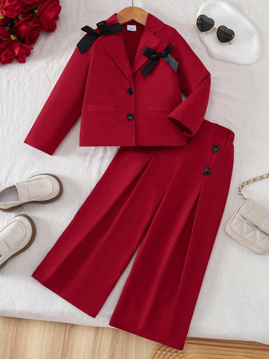 2pcs/Set Girls Casual Cute & Elegant Bow Decor Pink Shirt & Pants Set, Autumn/Winter - Red - View 1