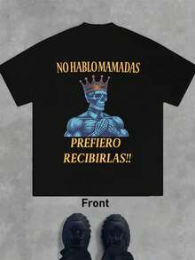 T-Shirt With Humorous Skull Design, Round Neck, Loose Fit, Casual Style, Comfortable, Graphic Design - 黑色 - 查看 2